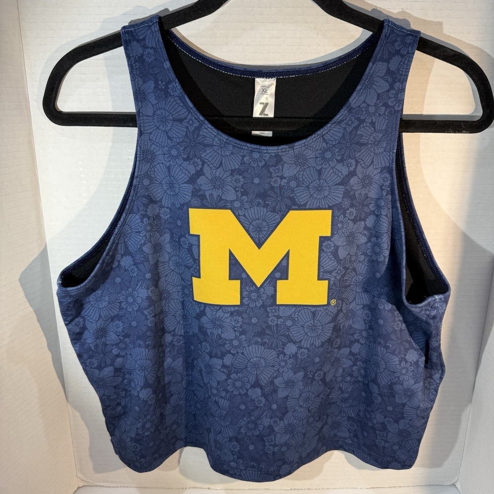 ZOOZATZ U Of Michigan M Floral Blue & Yellow Cropped Tank Top Women's Size XL